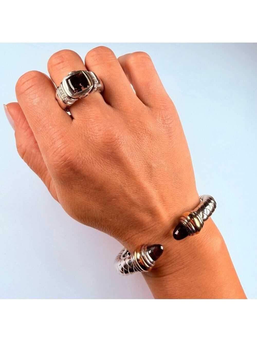 Scott Kay Cushion Smoky Quartz & Diamond Sterling Silver 925 Basket Weave Ring - Picture 8 of 12